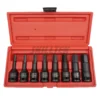 8pc 1/2" hex bit impact socket set (1/4"–3/4"). Cr-Mo steel, heavy-duty, exceeds ASME/DIN torque standards. Blow case with anti-slip texture. Made in Taiwan.