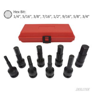 8pc 1/2" hex bit impact socket set (1/4"–3/4"). Cr-Mo steel, heavy-duty, exceeds ASME/DIN torque standards. Blow case with anti-slip texture. Made in Taiwan.