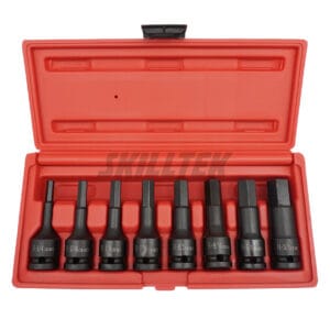 8pc 1/2" hex bit impact socket set (1/4"–3/4"). Cr-Mo steel, heavy-duty, exceeds ASME/DIN torque standards. Blow case with anti-slip texture. Made in Taiwan.