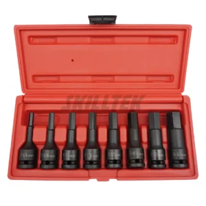 8pc 1/2" hex bit impact socket set (1/4"–3/4"). Cr-Mo steel, heavy-duty, exceeds ASME/DIN torque standards. Blow case with anti-slip texture. Made in Taiwan.