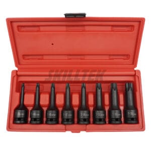 8pc 1/2″ Torx bit impact socket set (T30–T70) in Cr-Mo steel. Exceeds ASME/DIN torque standards. Precision-fit tips and anti-slip blow case. Made in Taiwan.