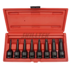 8pc 1/2″ Torx bit impact socket set (T30–T70) in Cr-Mo steel. Exceeds ASME/DIN torque standards. Precision-fit tips and anti-slip blow case. Made in Taiwan.