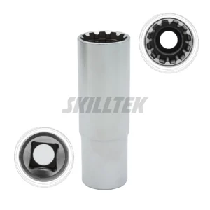 Taiwan-made CR-V 12-point deep pass-through socket with chrome plating for durability. Fits many socket sets; MOQ for single sizes. Custom metric dimensions available on request.