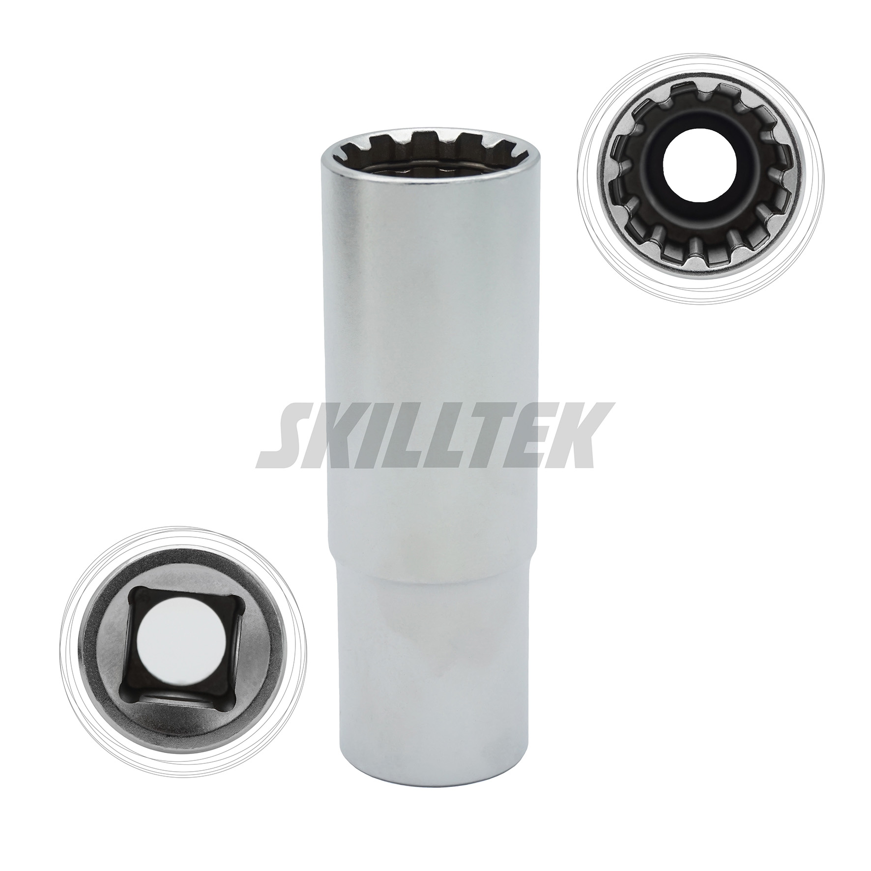 Taiwan-made CR-V 12-point deep pass-through socket with chrome plating for durability. Fits many socket sets; MOQ for single sizes. Custom metric dimensions available on request.