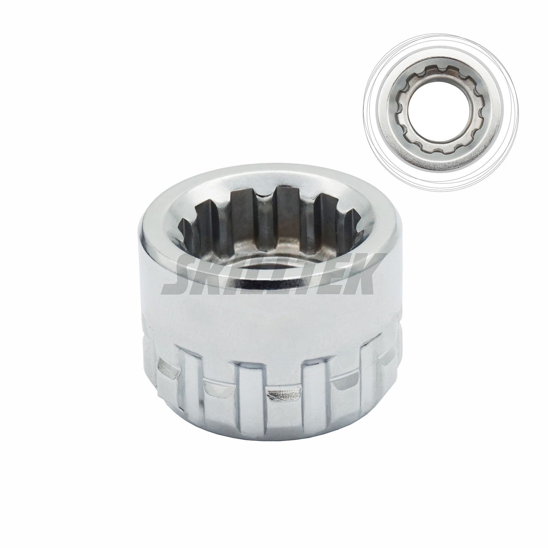 Low-profile double 12-point pass-through socket with 20 mm external end and 8–19 mm internal sizes. Taiwan-made CR-V construction, durable and versatile. MOQ for single sizes; custom dimensions available.