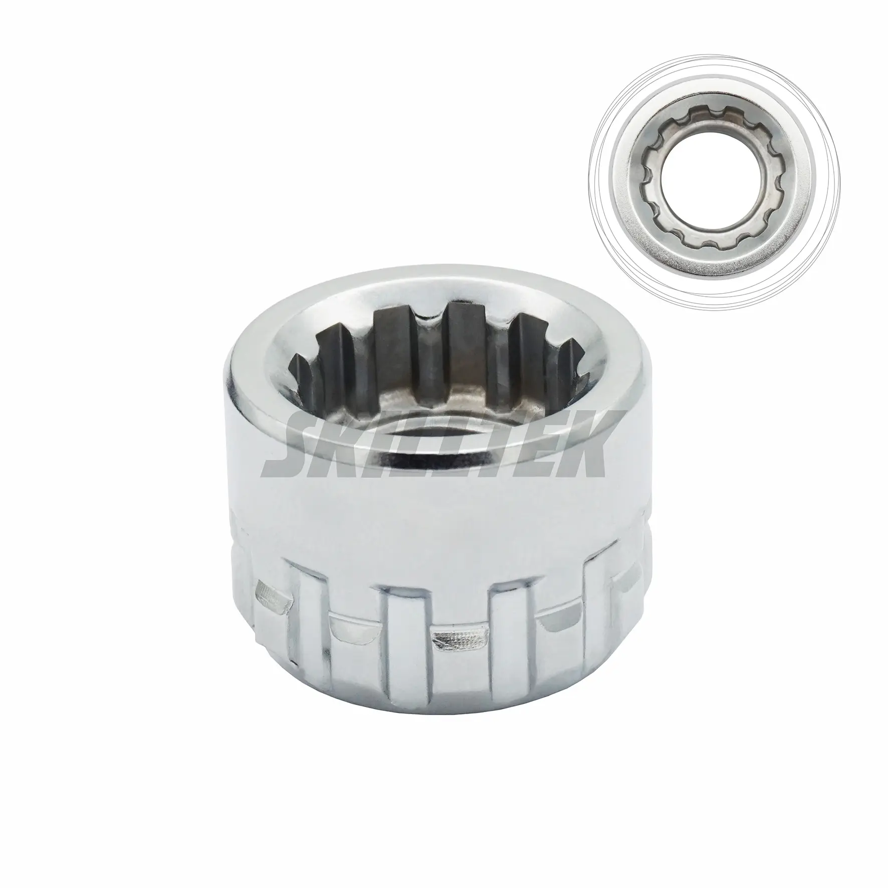 Low-profile double 12-point pass-through socket with 20 mm external end and 8–19 mm internal sizes. Taiwan-made CR-V construction, durable and versatile. MOQ for single sizes; custom dimensions available.