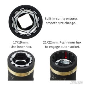 Patented 4-in-1 lug nut flip socket (17/19/21/22 mm). CR-V steel, smooth spring mechanism, black phosphate finish, laser marking. Made in Taiwan.