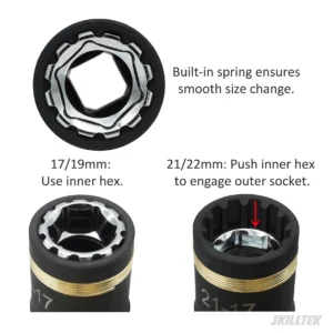 Patented 4-in-1 lug nut flip socket (17/19/21/22 mm). CR-V steel, smooth spring mechanism, black phosphate finish, laser marking. Made in Taiwan.