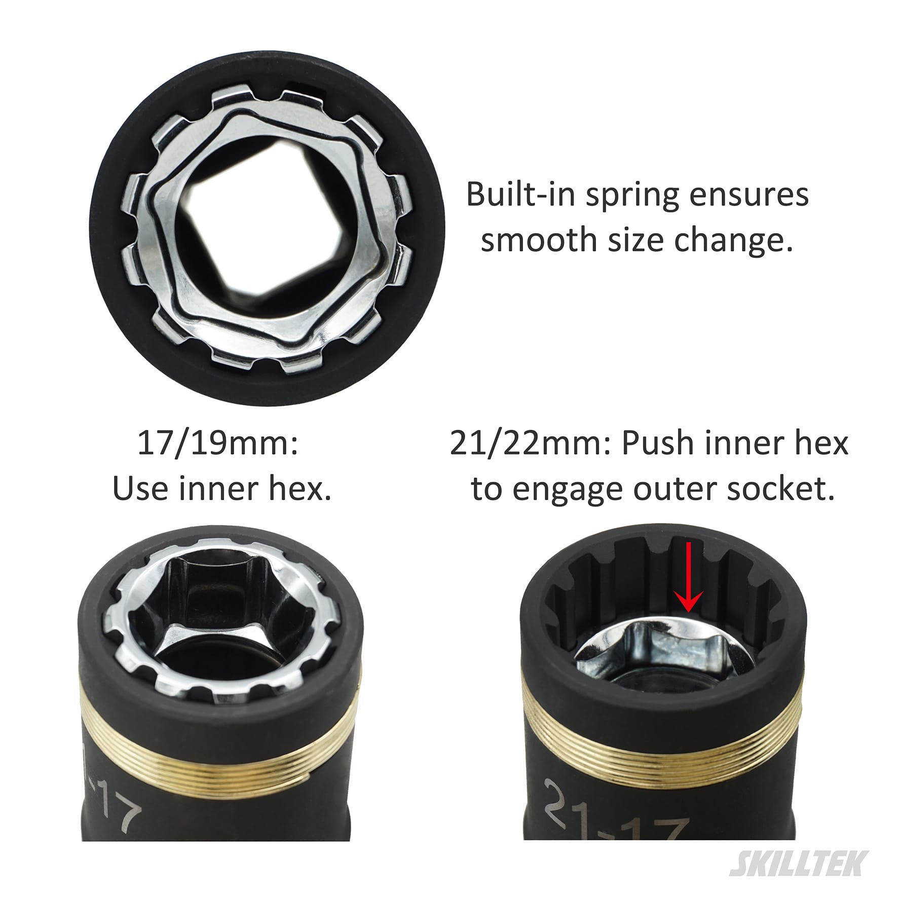 Patented 4-in-1 lug nut flip socket (17/19/21/22 mm). CR-V steel, smooth spring mechanism, black phosphate finish, laser marking. Made in Taiwan.