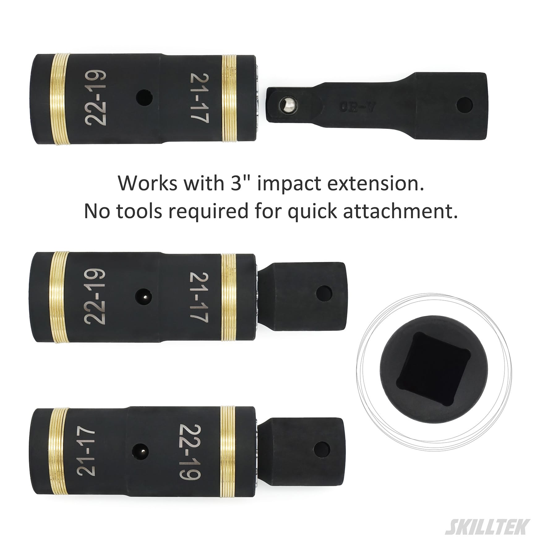 Patented 4-in-1 lug nut flip socket (17/19/21/22 mm). CR-V steel, smooth spring mechanism, black phosphate finish, laser marking. Made in Taiwan.