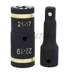 Patented 4-in-1 lug nut flip socket (17/19/21/22 mm). CR-V steel, smooth spring mechanism, black phosphate finish, laser marking. Made in Taiwan.