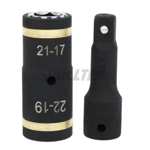 Patented 4-in-1 lug nut flip socket (17/19/21/22 mm). CR-V steel, smooth spring mechanism, black phosphate finish, laser marking. Made in Taiwan.