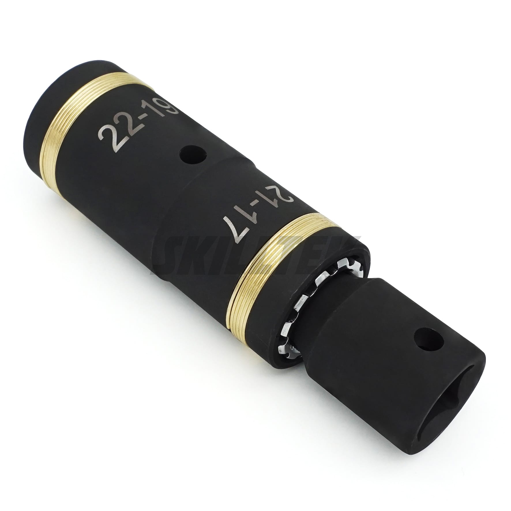 Patented 4-in-1 lug nut flip socket (17/19/21/22 mm). CR-V steel, smooth spring mechanism, black phosphate finish, laser marking. Made in Taiwan.