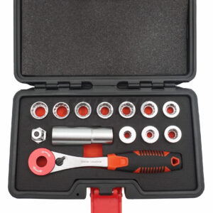14PC low-profile go-through spline ratchet socket set with Low-Profile Socket, Deep Socket, Ratcheting Wrench, Quick-Release Adapter. Taiwan-made for professional use in tight spaces.
