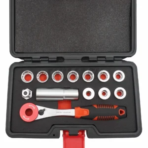 14PC low-profile go-through spline ratchet socket set with Low-Profile Socket, Deep Socket, Ratcheting Wrench, Quick-Release Adapter. Taiwan-made for professional use in tight spaces.