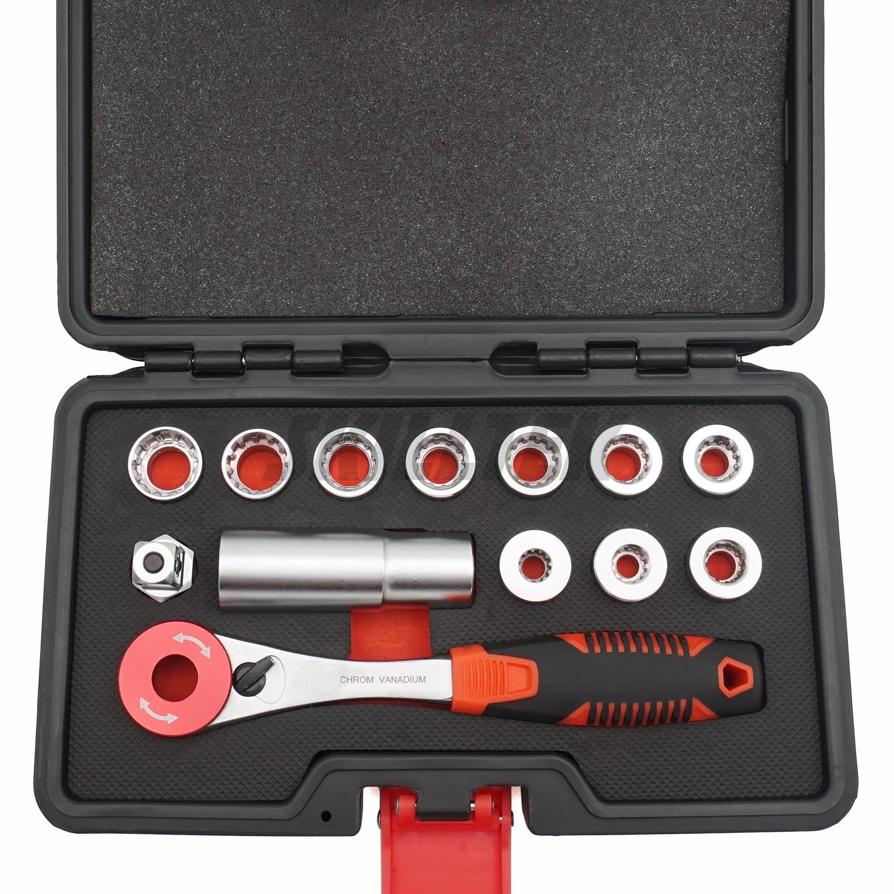 14PC low-profile go-through spline ratchet socket set with Low-Profile Socket, Deep Socket, Ratcheting Wrench, Quick-Release Adapter. Taiwan-made for professional use in tight spaces.