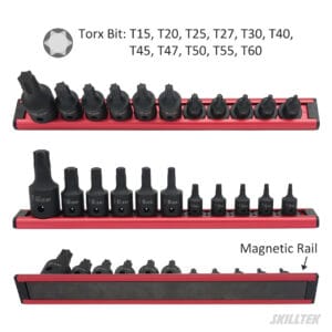 Torx impact socket set made from Cr-Mo steel. Exceeds ASME/DIN torque standards. Includes 1/4", 3/8", 1/2"Dr. and magnetic rail. Manufacturer from Taiwan