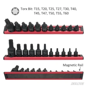 Torx impact socket set made from Cr-Mo steel. Exceeds ASME/DIN torque standards. Includes 1/4", 3/8", 1/2"Dr. and magnetic rail. Manufacturer from Taiwan