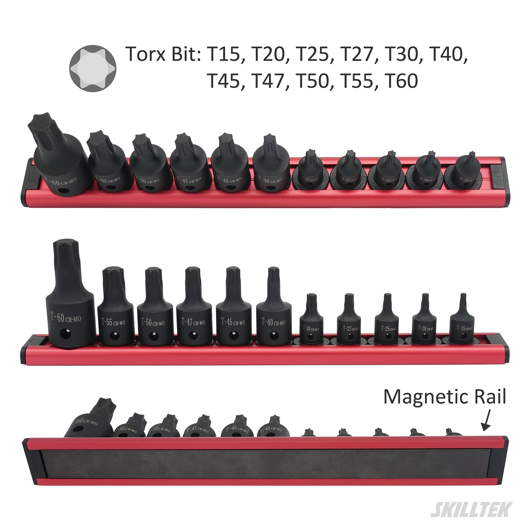Torx impact socket set made from Cr-Mo steel. Exceeds ASME/DIN torque standards. Includes 1/4", 3/8", 1/2"Dr. and magnetic rail. Manufacturer from Taiwan