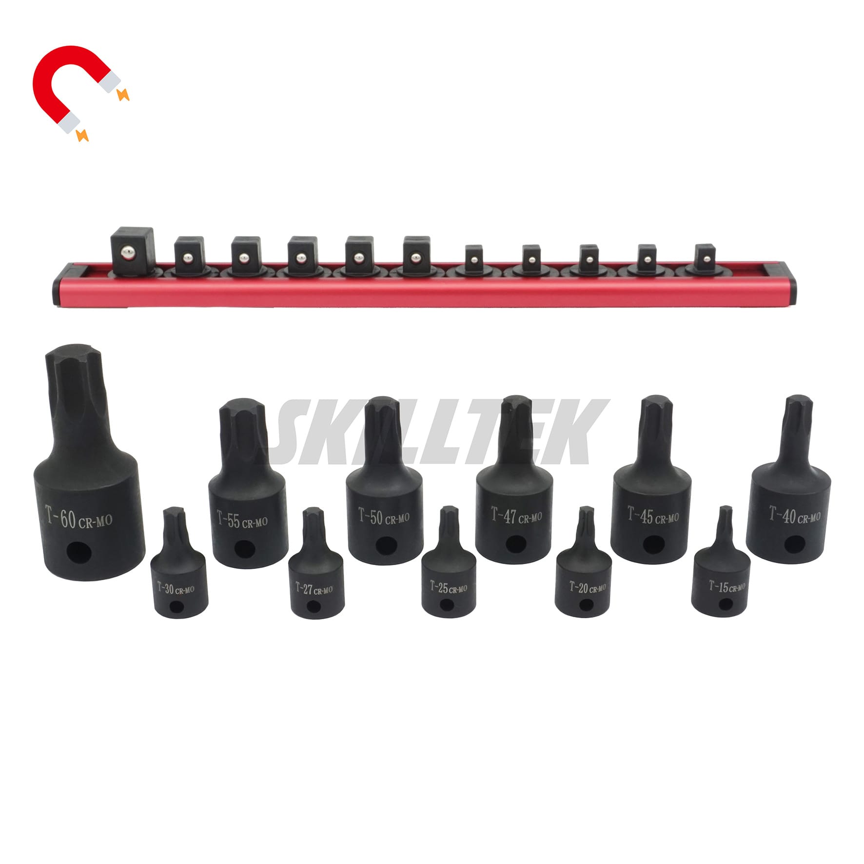 Torx impact socket set made from Cr-Mo steel. Exceeds ASME/DIN torque standards. Includes 1/4", 3/8", 1/2"Dr. and magnetic rail. Manufacturer from Taiwan