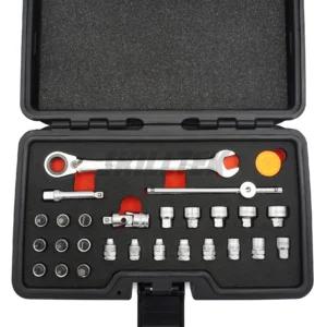 27PC low-profile hex and bit socket set with 11 mm wrench compatibility. Includes S2 bit sockets, extensions, and customizable case and sockets. Taiwan-made for professional use.