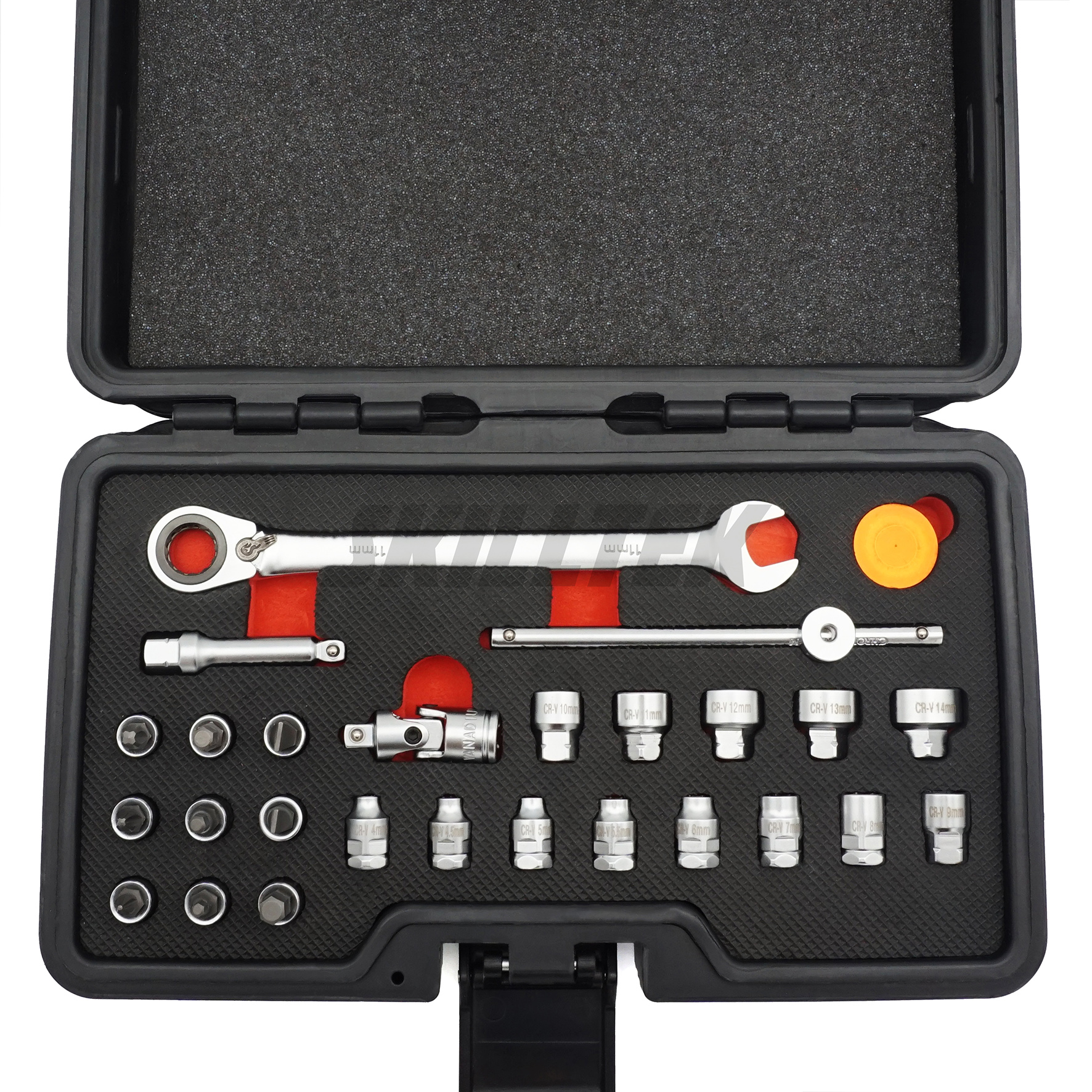 27PC low-profile hex and bit socket set with 11 mm wrench compatibility. Includes S2 bit sockets, extensions, and customizable case and sockets. Taiwan-made for professional use.