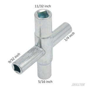 4-way sillcock key for plumbing and utility valves. Fits 1/4"–11/32" sizes. Durable steel body, compact design, customizable with laser logo. Made in Taiwan.