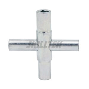 4-way sillcock key for plumbing and utility valves. Fits 1/4"–11/32" sizes. Durable steel body, compact design, customizable with laser logo. Made in Taiwan.
