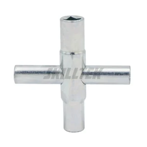 4-way sillcock key for plumbing and utility valves. Fits 1/4"–11/32" sizes. Durable steel body, compact design, customizable with laser logo. Made in Taiwan.