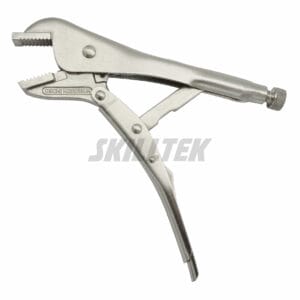 Professional CR-MO straight jaw locking pliers made in Taiwan. Features a copper-welded body and nickel finish. High-strength OEM automotiveclamping tool. | SKILLTEK