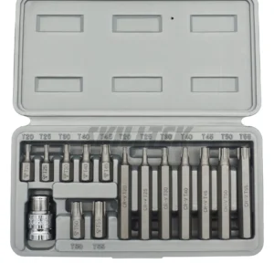 Dual Length Torx Bit Set 15PC made in Taiwan. Features CR-V SAE 6150 steel, 30mm & 75mm lengths, and 1/2" Dr. adapter. High-quality OEM set for global brands. | SKILLTEK