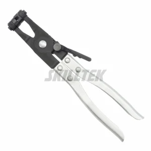 Professional swivel jaw hose clamp pliers made in Taiwan. Features 12.5mm rotating jaws, ratchet lock mechanism, and carbon steel construction. High-quality B2B OEM tool. | SKILLTEK