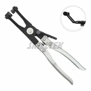 Professional 45-degree swivel jaw hose clamp pliers made in Taiwan. Features carbon steel construction, ratchet lock, and knurled grips. Ideal OEM tool for tight engine bays. | SKILLTEK