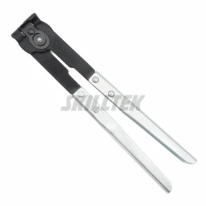 Professional ear type CV boot clamp pliers made in Taiwan. Features 4mm Cr-Mo 4130 steel, HRC 38-43 hardness, and knurled steel handles. High-durability OEM tool. | SKILLTEK