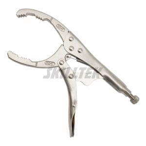 Professional oil filter locking pliers made in Taiwan. Features precision broaching teeth, forged alloy jaws, and piano wire springs. High-torque OEM tool for automotive use. | SKILLTEK