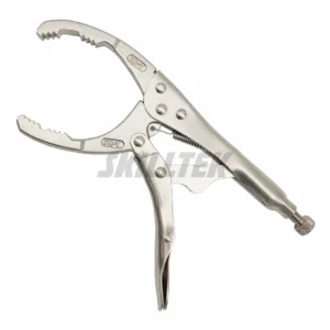 Professional oil filter locking pliers made in Taiwan. Features precision broaching teeth, forged alloy jaws, and piano wire springs. High-torque OEM tool for automotive use. | SKILLTEK