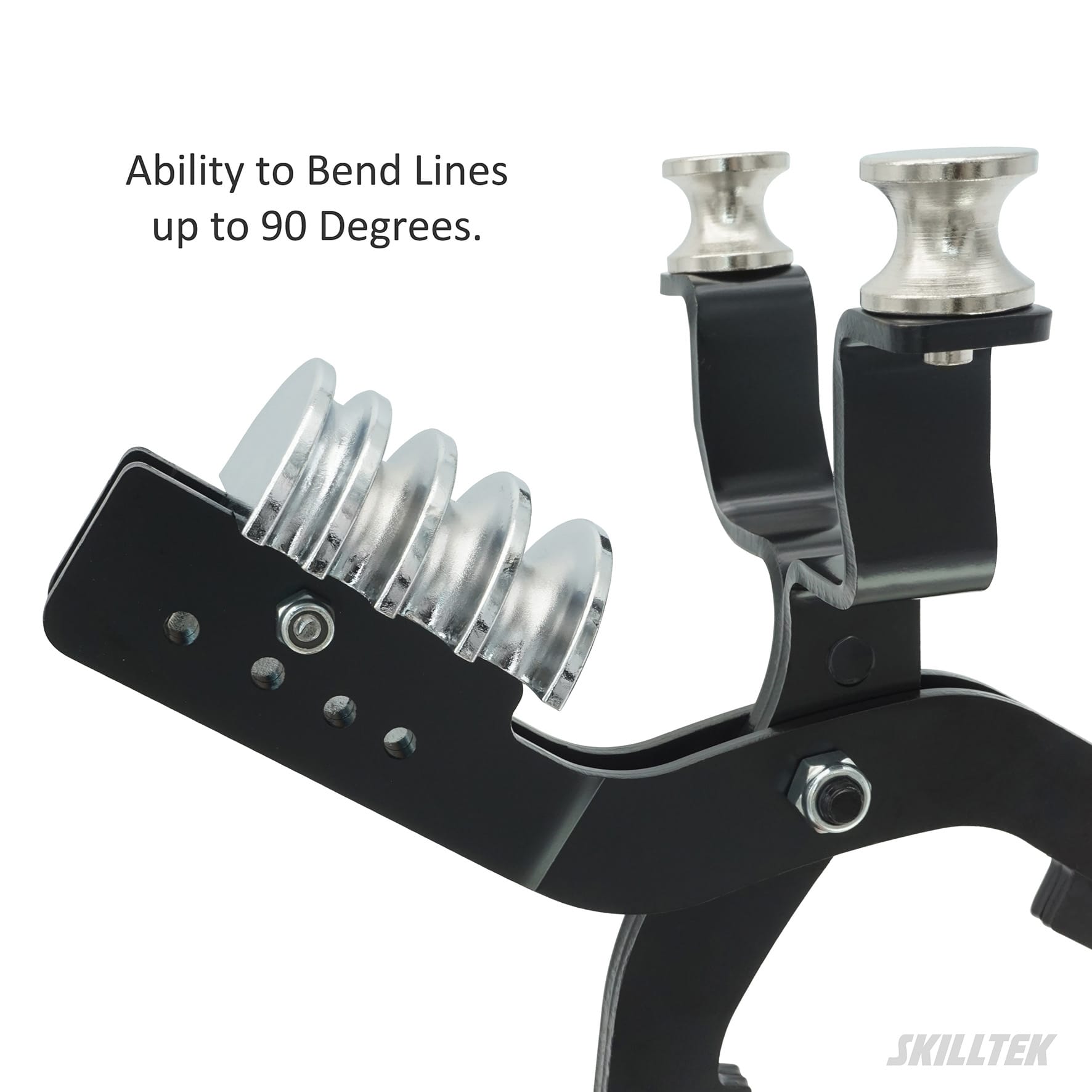 Compact plier-style design in action, illustrating how the tool's small rotation radius allows for easy brake pipe shaping within the confined spaces of a vehicle's chassis. | SKILLTEK