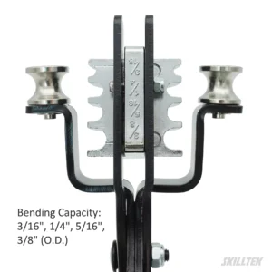 A close-up of the 4-in-1 grooved sliding block (3/16" to 3/8") showing how the pipe is securely cradled within the specific channel to maintain its structural integrity during the bend. | SKILLTEK