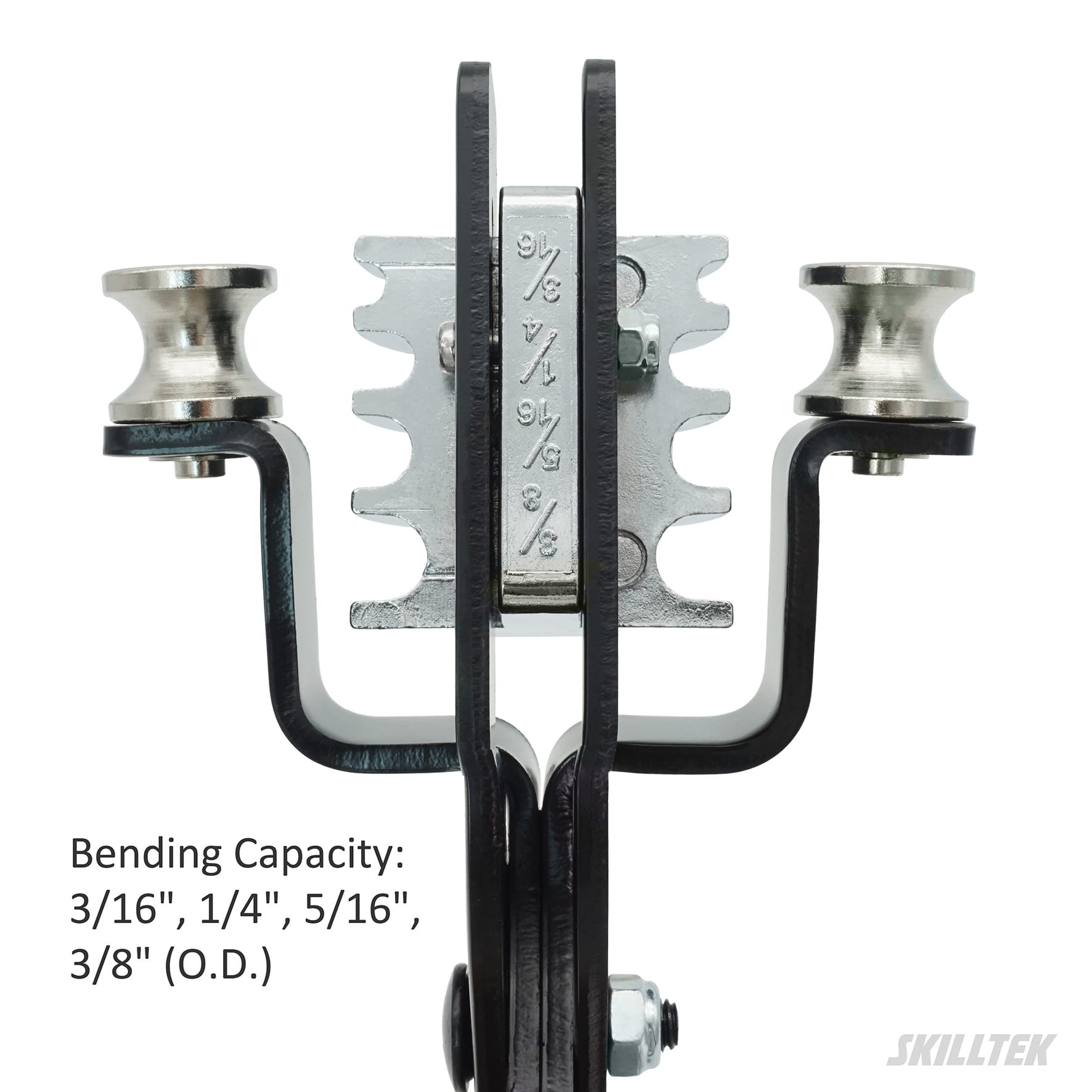 A close-up of the 4-in-1 grooved sliding block (3/16" to 3/8") showing how the pipe is securely cradled within the specific channel to maintain its structural integrity during the bend. | SKILLTEK